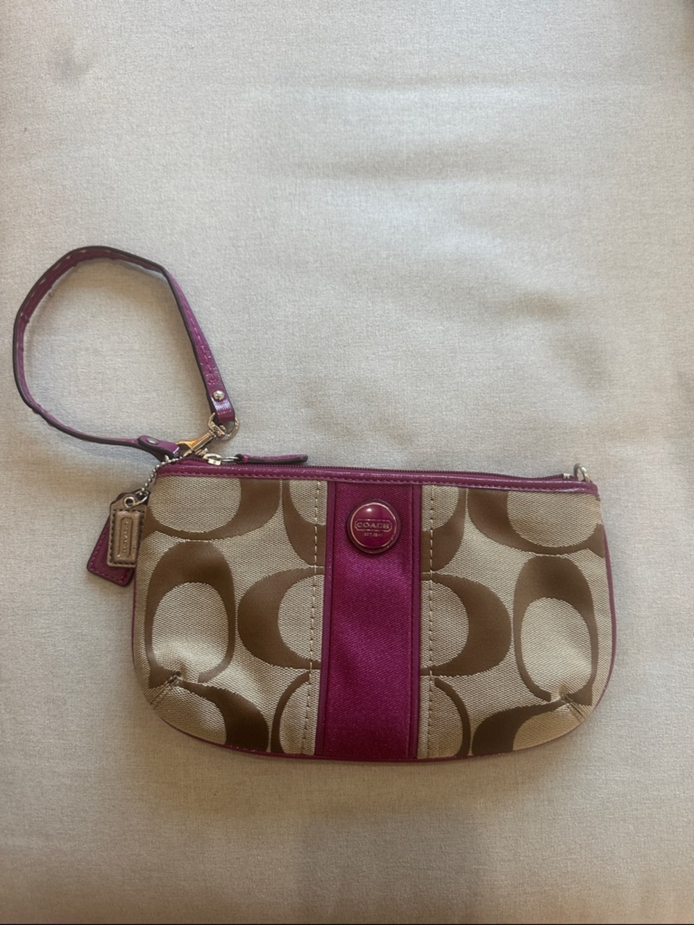 Coach Khaki Canvas Wristlet with Magenta Center Stripe